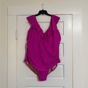Ruffled V-Neck One-Piece Swimsuit in Bright Magenta